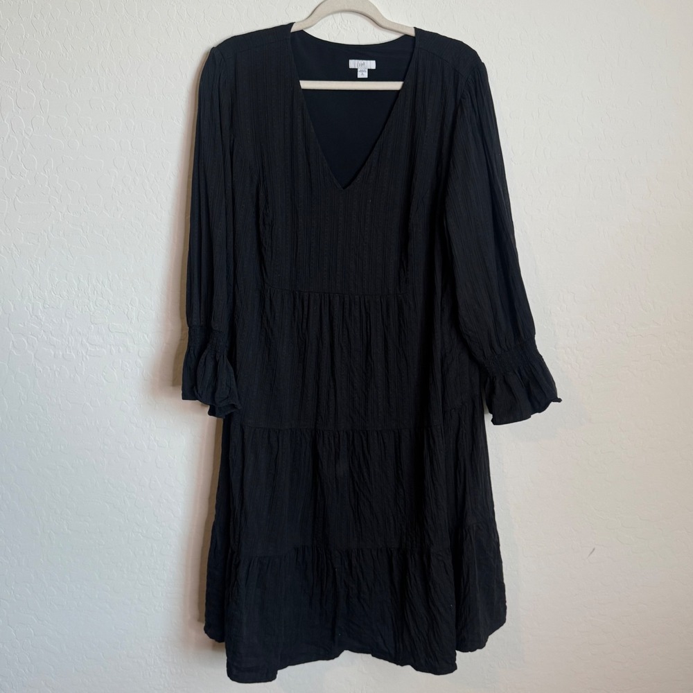 J. Jill Black Tiered Dobby Stripe V-Neck Dress XL‎ Tall Sleeve Peasant Cottage
